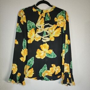 Floral Lace-Up Women's Blouse - Black and Yellow